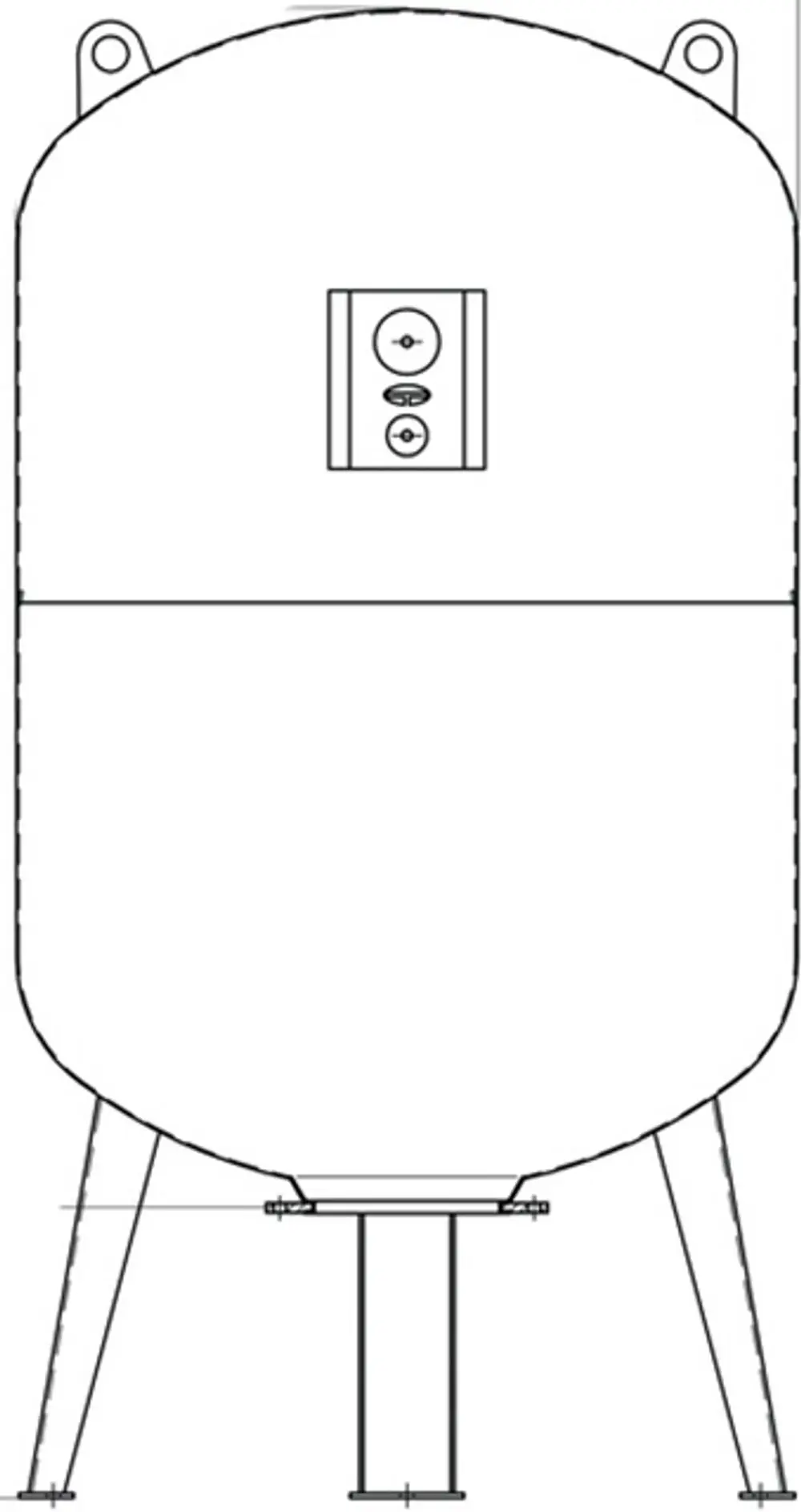 Druckausdehnungsgefäß mit runder Form, montiert auf drei Beinen, ausgestattet mit einem Bedienfeld und Anschluss am unteren Ende, hergestellt von IMI Hydronic Engineering.